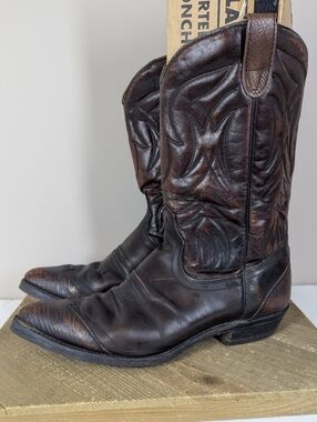 Vintage Brown Leather Cowboy Boots Mens 10 Snip Toe Western Distressed Textured